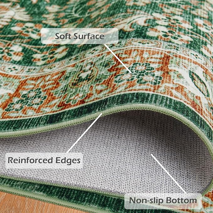 Goideal Washable Rug 2x3, Vintage Area Rugs Non Slip, Indoor Low Pile Carpet with Rubber Backing for Kitchen Bathroom Entryway Office Bedroom,Green & Orange
