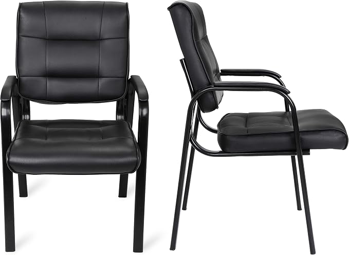 ZenStyle Set of 2 Office Reception Guest Chair No Wheels, Executive Side Chair with Bonded Leather and Black Metal Frame for Waiting Room, Conference Room, Reception Meeting, Lobby