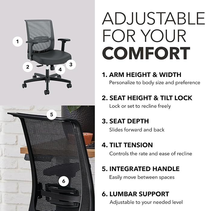 HON Convergence Ergonomic Office Chair with Mesh Back, Vinyl Seat Cushion, Adjustable Arms, Lumbar Support, Synchro‑Tilt Swivel Desk Chair with Wheels for Home Office, Black Frame, Black
