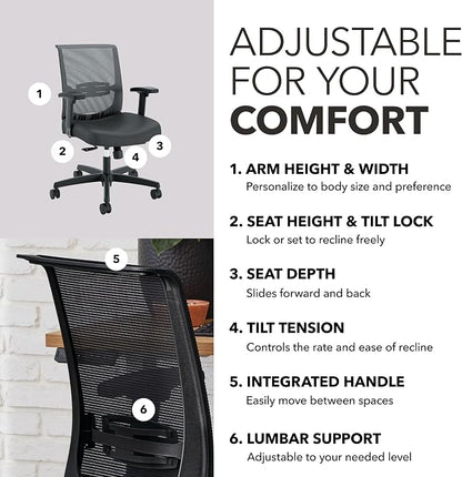 HON Convergence Ergonomic Office Chair with Mesh Back, Vinyl Seat Cushion, Adjustable Arms, Lumbar Support, Synchro‑Tilt Swivel Desk Chair with Wheels for Home Office, Black Frame, Black