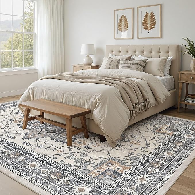 UERMEI 6x9 Area Rug Living Room Rugs - Washable Vintage Soft Large Rug Indoor Floor No Slip Rug Carpet for Bedroom Farmhouse Under Dining Table Home Office Decor - Grey-Orange