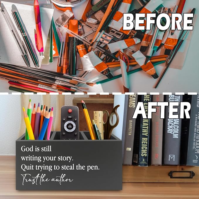 Christian Inspirational Pen Pencil Holder Organizer for Desk, God Is Still Writing Your Story Bible Verse Religious Black Wooden Box Sign for Office Home Desk Tabletop Decorations
