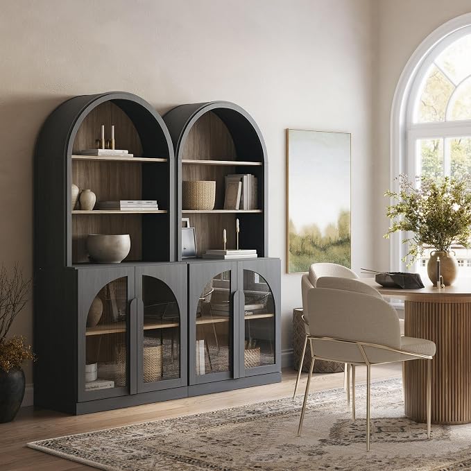 BELLEZE Set of 2 71" Tall Storage Cabinet with Glass Door, Sideboard Buffet Cabinet with Adjustable Shelves for Pantry Organizing, 5-Tier Modern Storage Unit for Living Room Home Office, Ebony