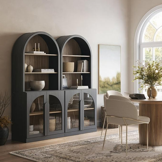 BELLEZE Set of 2 71" Tall Storage Cabinet with Glass Door, Sideboard Buffet Cabinet with Adjustable Shelves for Pantry Organizing, 5-Tier Modern Storage Unit for Living Room Home Office, Ebony