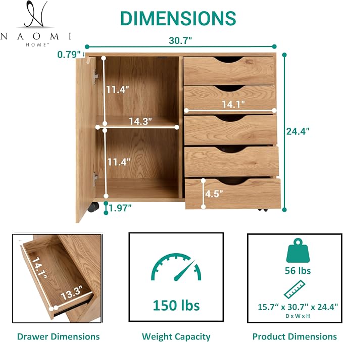Naomi Home Under Desk Rolling Office File Cabinet with 5 Drawers & Side Storage Cabinet, Mobile Organizer with Shelves & Swivel Casters for Home Office - Natural