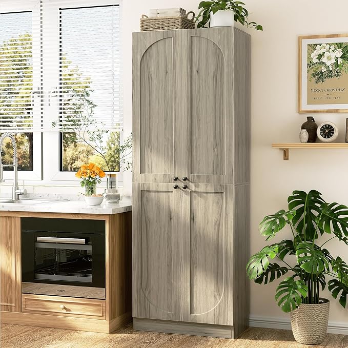 Cyclysio 80" Storage Cabinet, Tall Arched Bookcase with 4 Soft Close Doors, 6-Tier Wooden Pantry with Adjustable Shelves, Seamless Fit Wall for Home Office, Living Room, Kitchen (Ash Grey)