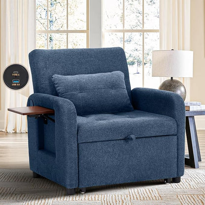 Convertible Sleeper Chair-Fabric Futon Sofa Bed, Single Sleeper Sofa, Small Couch Bed with USB Port, Foldable Table, Pillow, Adjustable Backrest for Dorm/Bedroom/College Blue
