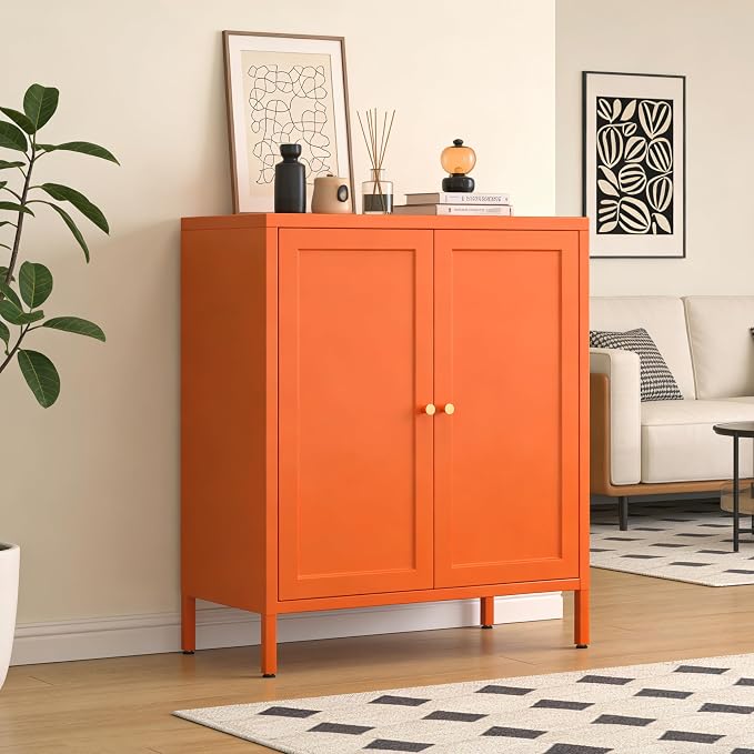 Metal Accent Storage Cabinet for Bedroom, LivingRoom, Office,Kitchen- Metal Locker Cabinet with 1 Adjustable Shelves-Bathroom Floor Storage Cabinet Freestanding Organizer (Square Door, orange)