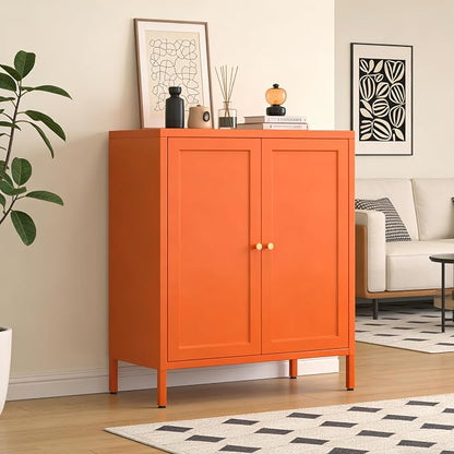 Metal Accent Storage Cabinet for Bedroom, LivingRoom, Office,Kitchen- Metal Locker Cabinet with 1 Adjustable Shelves-Bathroom Floor Storage Cabinet Freestanding Organizer (Square Door, orange)