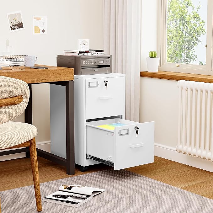 BYNSOE 2 Drawers File Cabinet with Lock Metal Vertical File Cabient with Wheels Mobile File Cabinet for Office Home Legal/Letter/a4 Size Require Assembly (White, 2 Drawers)