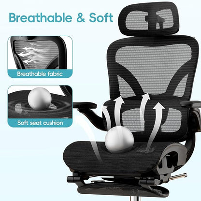 Alllion Ergonomic Mesh Office Chair, Home Desk Chair Comfy High Back with Adjustable Lumbar Support, 3D Headrest, Flip-up Arms, Big and Tall Reclining Computer Gaming Chairs for Men Women, Black