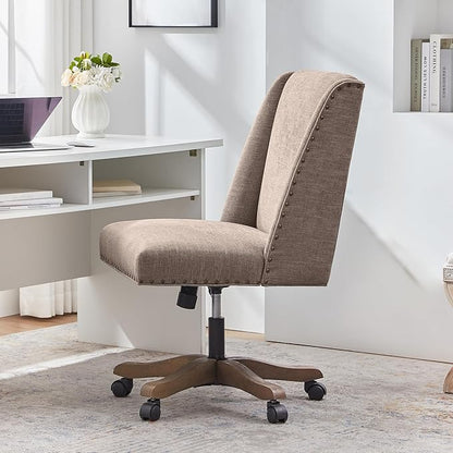 Zihanhome Upholstered Armless Office Chair with Wooden Legs, Modern Adjustable Home Office Desk Chair Computer Chair Swivel Chair for Home Office Study Studio (Brown)