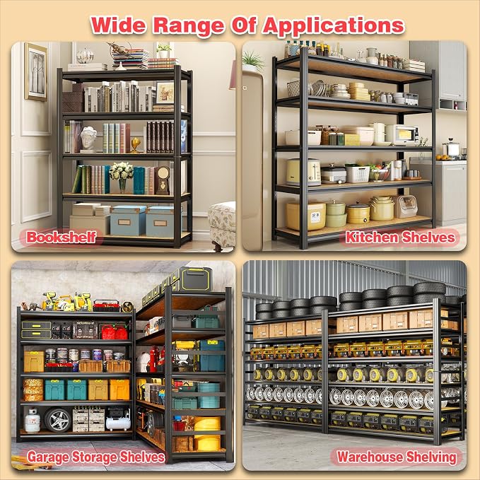 24"W Steel and Wood Book Shelf, 4 Tier Metal Bookcase, 1200LBS Display Shelving, Adjustable Utility Shelf Organizere, Standing Storage Shelves for Study, Bedroom, Living Room and Home Office, Black