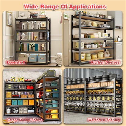 24"W Steel and Wood Book Shelf, 4 Tier Metal Bookcase, 1200LBS Display Shelving, Adjustable Utility Shelf Organizere, Standing Storage Shelves for Study, Bedroom, Living Room and Home Office, Black