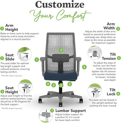 HON Ignition 2.0 ReActiv Ergonomic Office Chair, Mesh Desk Chair with Lumbar Support, Synchro‑Tilt Recline, Height and Width Adjustable Arms, Swivel Wheels, Titanium Frame, Ocean