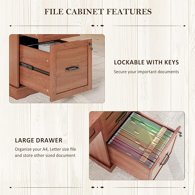 Whalefall 55'' Farmhouse Desk Home Office with Drawers, Brown | Executive Computer Desk with File Cabinet and Charging Station, Wooden Small Desk with Locking Drawers Storage