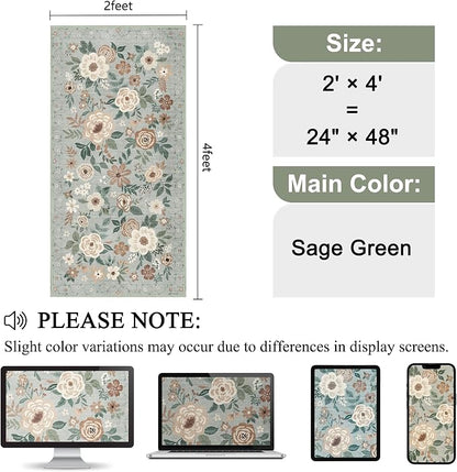DUKINO 2x4 Rug for Entryway, Washable Kitchen Floral Runner Rug with Non Slip Backing, Low Pile Soft Boho Carpet for Kitchen, Hallway, Entryway, Laundry, Bedroom, Sage Green