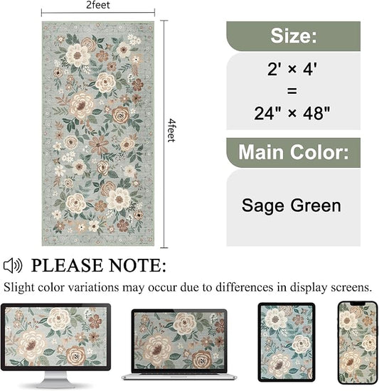 DUKINO 2x4 Rug for Entryway, Washable Kitchen Floral Runner Rug with Non Slip Backing, Low Pile Soft Boho Carpet for Kitchen, Hallway, Entryway, Laundry, Bedroom, Sage Green