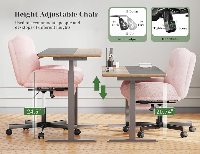 DurayLoly Criss Cross Office Chair with Footrest, 6.3" Thick Cushioned Cross Legged Office Chair with Wheels, Reclining & Height Adjustable, Swivel Armless Vanity Chair for All-Day Comfort (Pink)