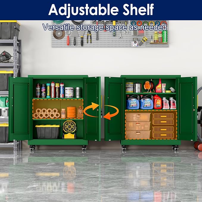 erosoei 35" H Metal Garage Storage Cabinet, Rolling Tool Cabinet with 2 Doors and Wheels, Locker Steel Cabinet with 2 Adjustable Shelves, Organization Cabinet for Garage,Office,Home,Gym,School（Green）