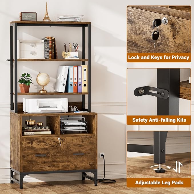 Homieasy File Cabinet with Charging Station, Vertical Filing Cabinet with Lock & Large Drawer, Printer Stand with Storage Shelves, Office Storage Cabinet fits Letter/A4/Legal Size, Rustic Brown