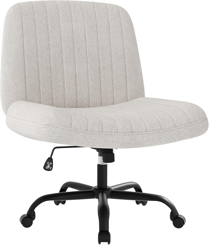 Shintenchi Criss Cross Chair,Cross Legged Office Seat with Wheels Armless Swivel Vanity Chair,Height Adjustable Wide Computer Task Seating for Home Office,Beige
