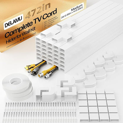 Delamu TV Cord Hider Wall, 472in Cable Hider, Cord Covers for 2-3 Wires on Wall, Paintable Wire Hiders Wire Covers for TV Cords on Wall, TV Cord Hider for Wall Mounted TV, 0.95in W x 0.55in H, White