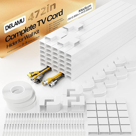 Delamu TV Cord Hider Wall, 472in Cable Hider, Cord Covers for 2-3 Wires on Wall, Paintable Wire Hiders Wire Covers for TV Cords on Wall, TV Cord Hider for Wall Mounted TV, 0.95in W x 0.55in H, White