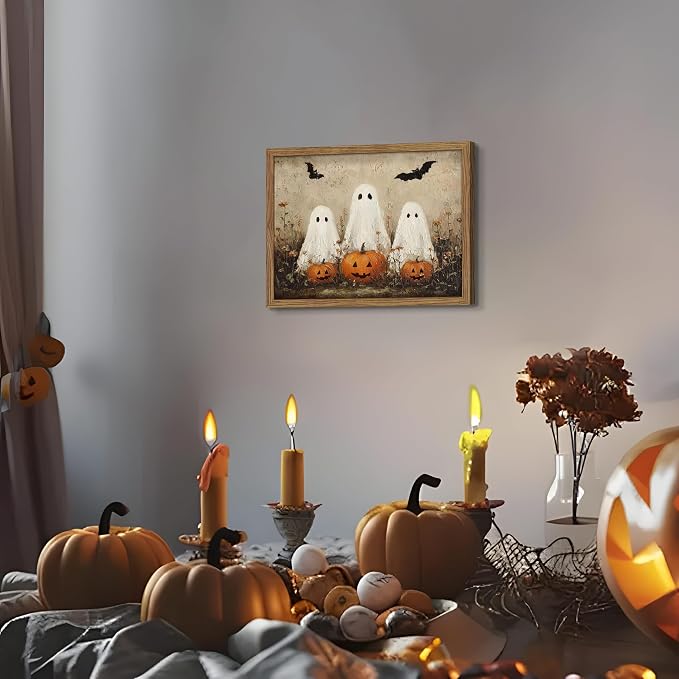 Framed Rustic Halloween Ghost Wall Art - Vintage Farmhouse Ghosts Pumpkins and Bats Canvas Print, Country Cottage Halloween Wall Decor for Living Room Bedroom, 12x16in Wood Frame