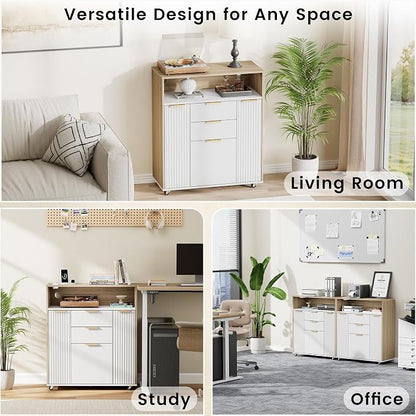 ModernMate Fluted Mobile Office File Cabinet with 3 Drawers, 37" Rolling Storage Cabinet with Charging Station, Small Printer Stand for Home Office, Light Walnut