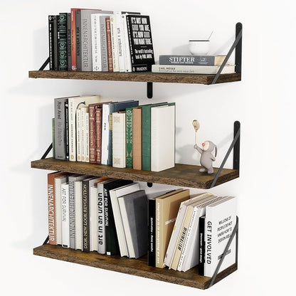 Heimlove Floating Book Shelves for Wall,23.6 Inches Wall Bookshelf Mounted Display&Storage Wood Shelves for Kitchen Bathroom Laundry Living Room,Set of 3,Rustic Brown