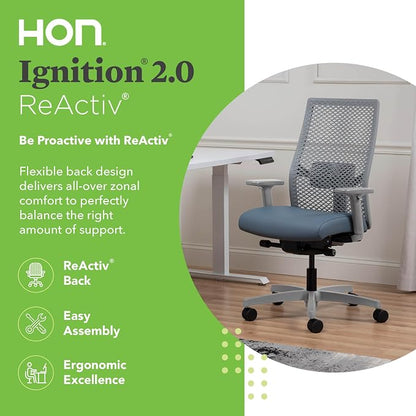 HON Ignition 2.0 ReActiv Ergonomic Office Chair, Mesh Desk Chair with Lumbar Support, Advanced Synchro‑Tilt, Height and Width Adjustable Arms, Swivel Wheels, Titanium Frame, Nimbus