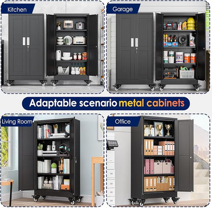 erosoei 45.6"H Metal Garage Storage Cabinet, Rolling Tool Cabinet with 2 Doors and Wheels, Locker Steel Cabinet with 3 Adjustable Shelves, Organization Cabinet for Garage,Office,Home,Gym,School（Black）