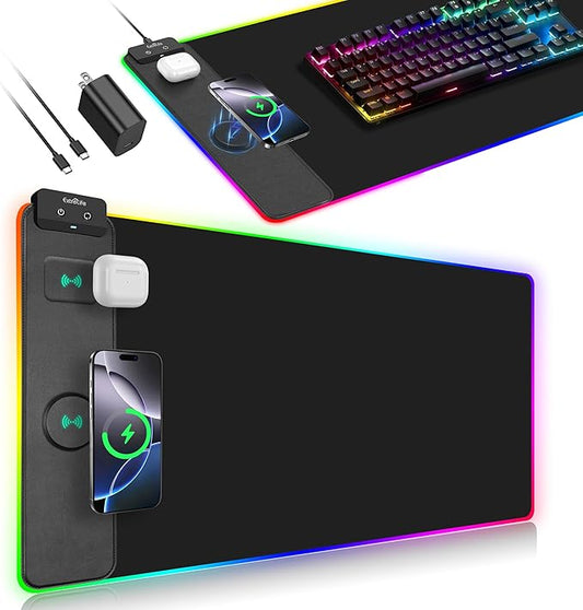 Mouse Pad with Wireless Charger, RGB Gaming Mousepad, 31.5"x15.7" Extra Large Desk Mat, 13 Light Modes, Ultra-Smooth Surface, Non-Slip Base, Waterproof Computer Keyboard Pad, Black with PD Adapter