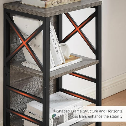 MNEETRUNG Small Bookcase,3 Tier Industrial Bookshelf with Metal Frame and Backboard,Low Grey Book Shelf,Book case for Small Spaces,Living Room,Bedroom and Home Office