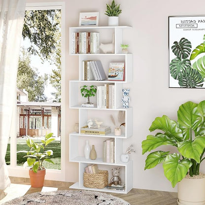 Yusong S Shaped Bookshelf, Modern Geometric Bookcase, 6-Tier White Display Case Book Shelf