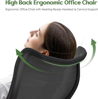 Office Chair Ergonomic Desk Chair - Comfy Mesh High Back Office Chair with Lumbar Support Wheel Home Desk Office Chairs Flip up Armrest Executive Rolling Swivel Task Computer Chair Black Silver