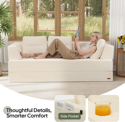 COMAX Futon Sofa Bed Queen, 79" Convertible Sofa Bed Couches for Living Room, 4 in 1 Folding Boneless Sleeper Corduroy Couch Loveseat Foam In a Box, Comfy Foldable Lounge Fold Out Floor Mattress Beige