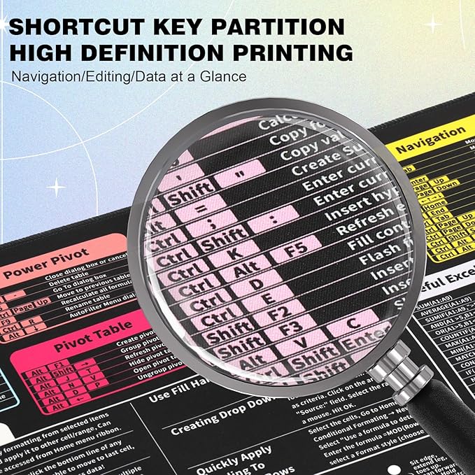 Excel Cheat Sheet Mouse Pad - 9 Major Excel Modules & 200+ Shortcuts (Excel/Word/PPT/Windows), 31.5"×11.8" XL, HD Print, Waterproof Anti - Slip Stitched Edge, 8 Office Exercises