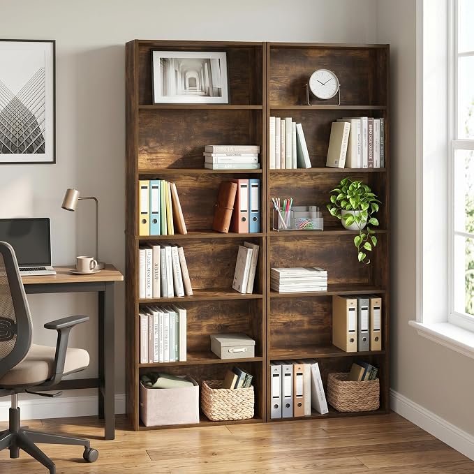Furinno Jaya Book Shelf Set of 2, 6-Tier Bookshelf, Bookcase, 9.5 x 24.6 x 71, for Home Office, Living Room, Amber Pine