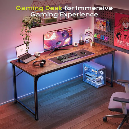 PRAISUN 55 Inch Computer Desk, Home Office Desk with Spacious Desktop, Modern Gaming Desk, Writing Study Table for Bedroom, Small Spaces, Work from Home Desk with Metal Frame, Rustic Brown