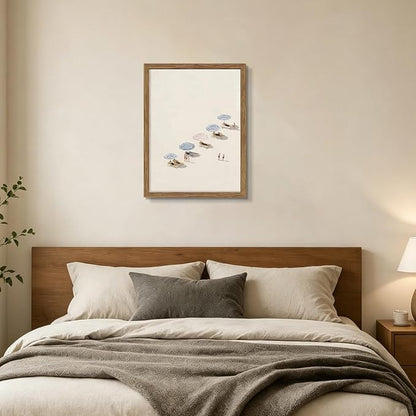 Minimalist Beach Wall Art - Framed Canvas Coastal Umbrella Poster for Bedroom, Bathroom & Living Room Decor, Modern Summer Seaside Painting in Wood Frame, Neutral Decor 16x24 inch