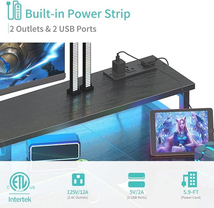 Lufeiya Gaming Desk with LED Lights and Storage Shelves, 47 inch Computer Desk with Power Outlets, Home Office Desk with Monitor Stand, Writing Table PC Desks, Black