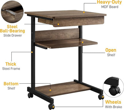 Topeakmart Rolling Computer Desk for Small Spaces, Laptop Computer Desk with Wheels, Mobile Standing Desk Compact Student Bedside Table Taupe Wood