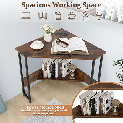 COSTWAY Corner Computer Desk, with USB Ports & Power Outlet, Storage Shelf for Small Space, Triangle Steel Frame Corner Desk for Home Office, Workstation (Rustic Brown)