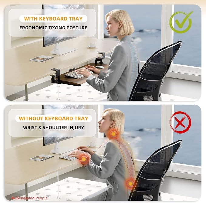 ERGOMAKER Keyboard Tray Under Desk, Pull Out Keyboard Tray with C Clamp Mount, 25.6" (29.7" Including Clamps) x 11.8" Slide-Out Platform Computer Drawer for Typing, Keyboard & Mouse Tray, Rustic Brown