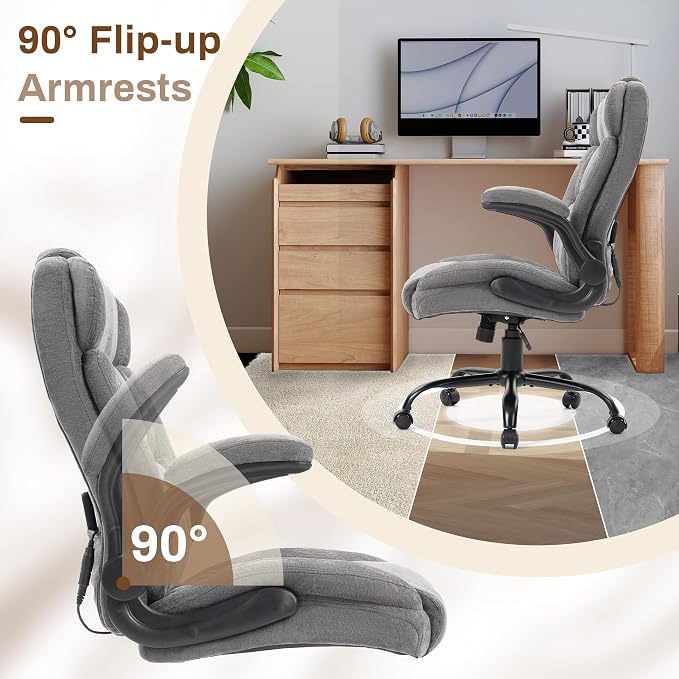 Massage Office Chair, 500LBS Ergonomic Rocking Executive Desk Chairs with 4 Points Vibration&Heat,Padded Flip-up Armrests for Big and Tall Office Chair,Swivel Computer Chair Thicken Back,Fabric Grey