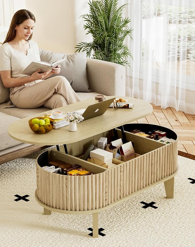 Oval Coffee Table with Lifting Top, 41" Fluted Coffee Table with Storage for Living Room or Home Office, Oak