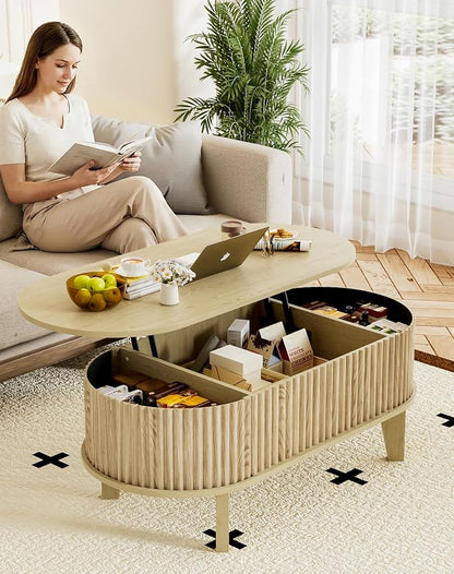 Oval Coffee Table with Lifting Top, 41" Fluted Coffee Table with Storage for Living Room or Home Office, Oak