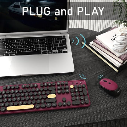 Colorful Wireless Computer Keyboards Mouse Combos, UBOTIE Polychrome Round Keycaps Retro PC Keyboards 2.4GHz Radio Frequency Connection with Optical Mouse(Black Claret)